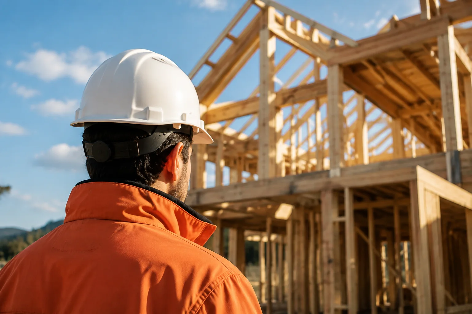 A contractor looking over a timber-frame construction project