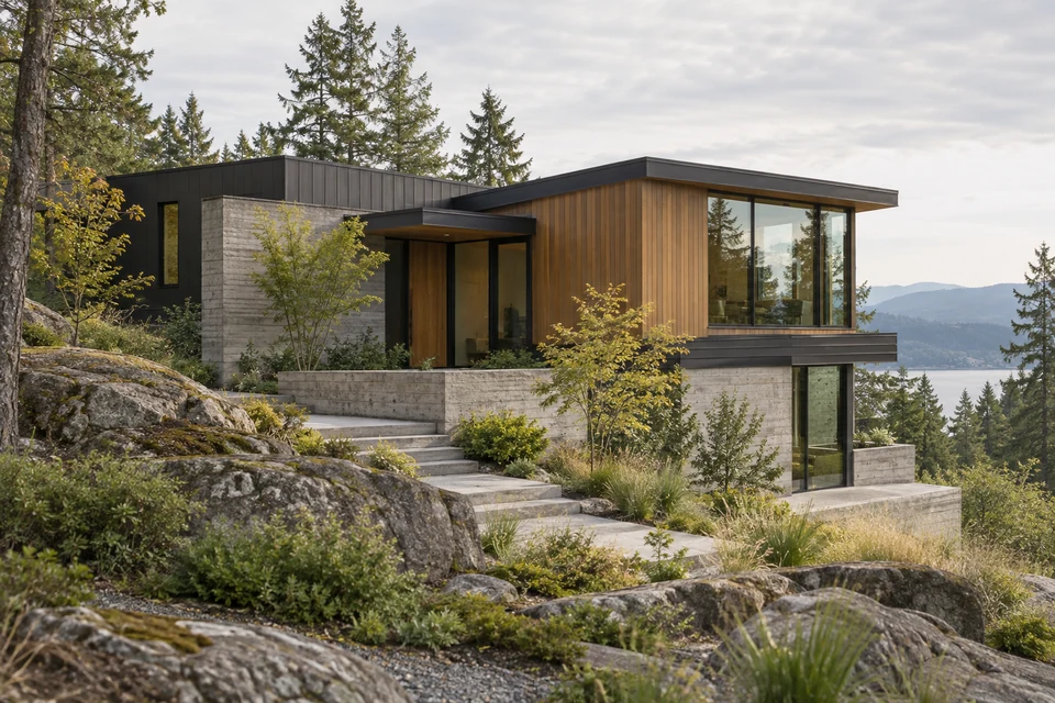 A contemporary cedar and concrete custom home set into a wooded hillside