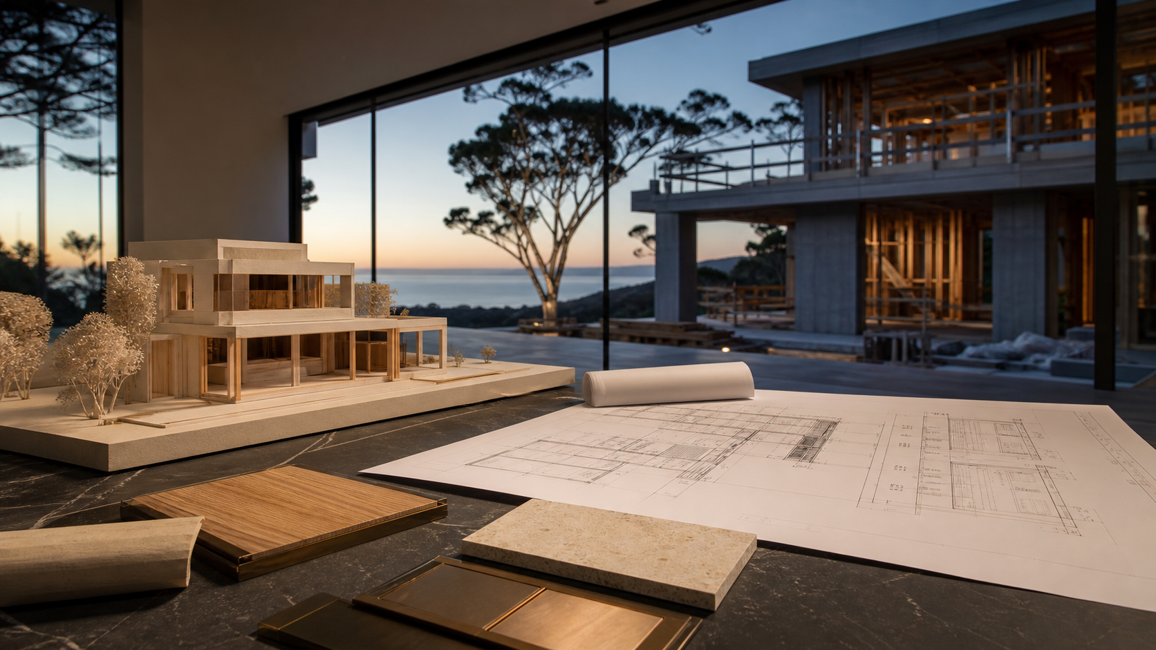 Architectural model, construction drawings and material palette overlooking a custom home in progress