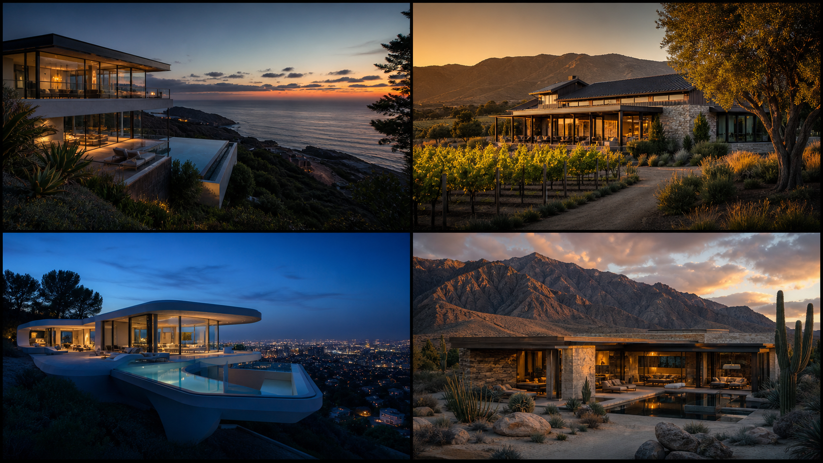 Four distinct custom homes in coastal, vineyard, hillside and desert landscapes