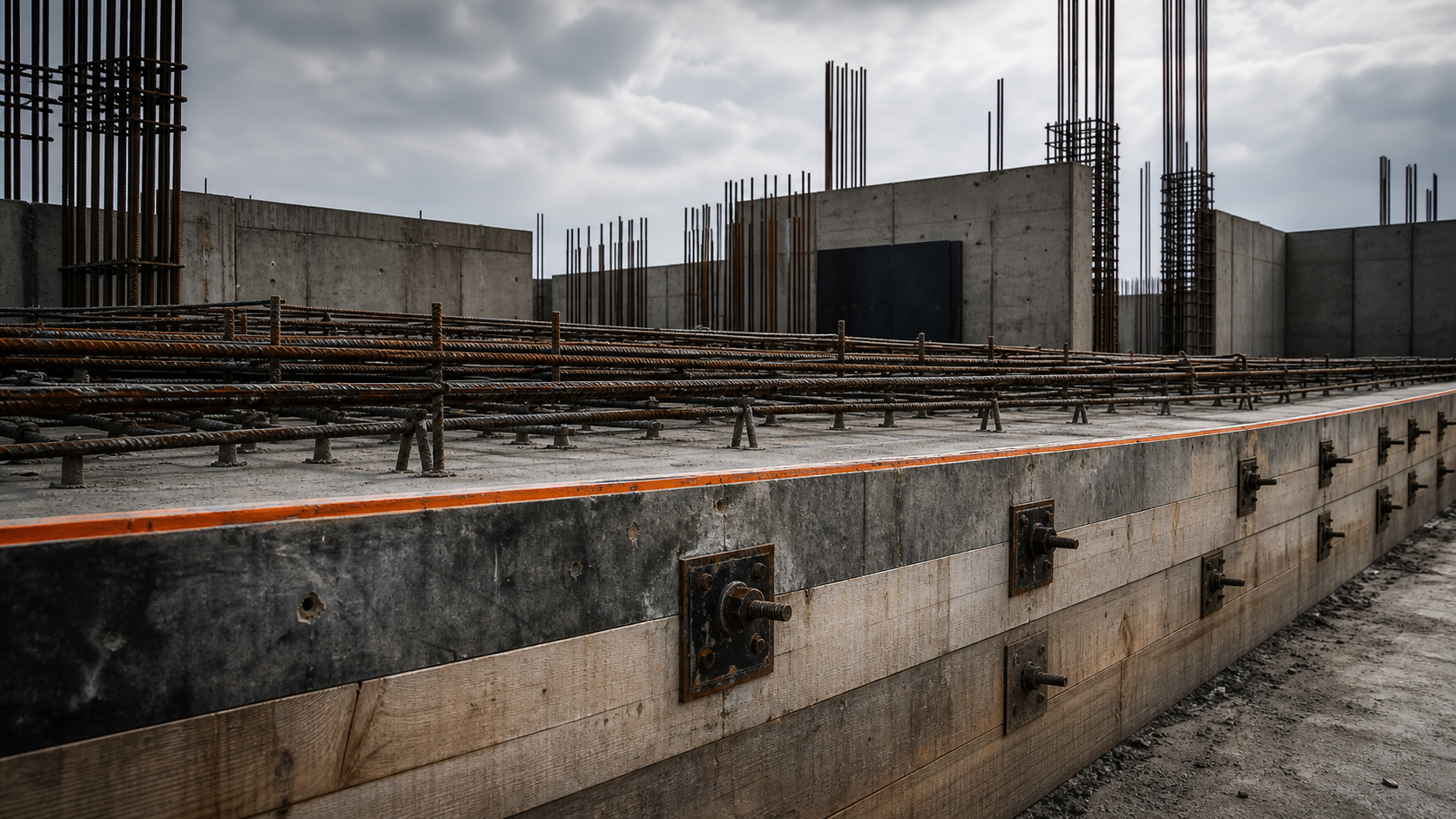 Prepared concrete formwork, reinforcing steel and embedded plates
