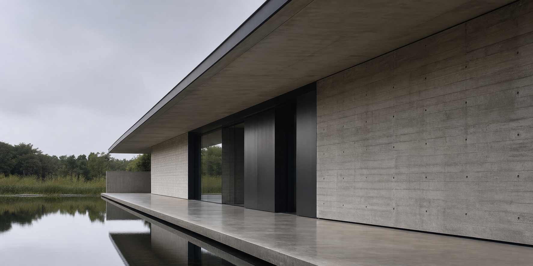 Board-formed concrete pavilion with a long cantilever and reflecting pool