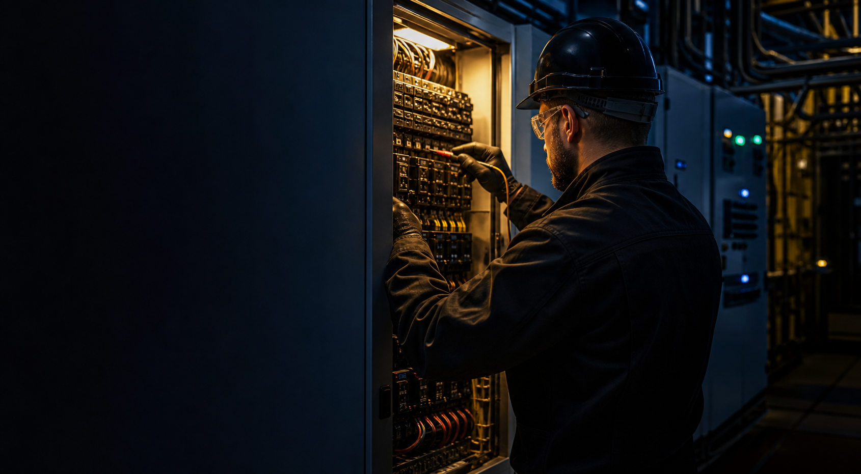 BrightPanel electrician servicing an industrial breaker panel