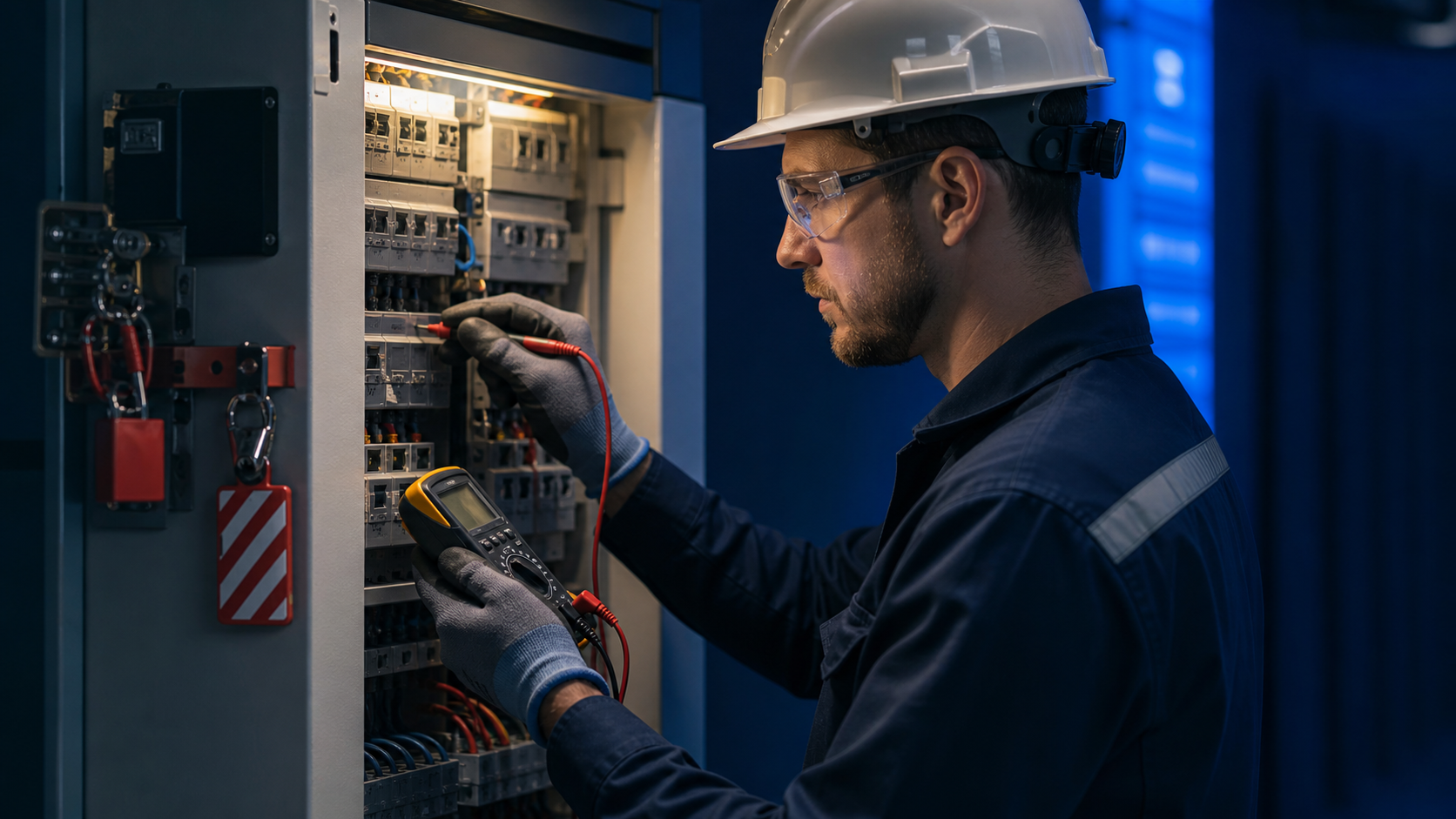 Electrician verifying a de-energized electrical panel with lockout tagout equipment