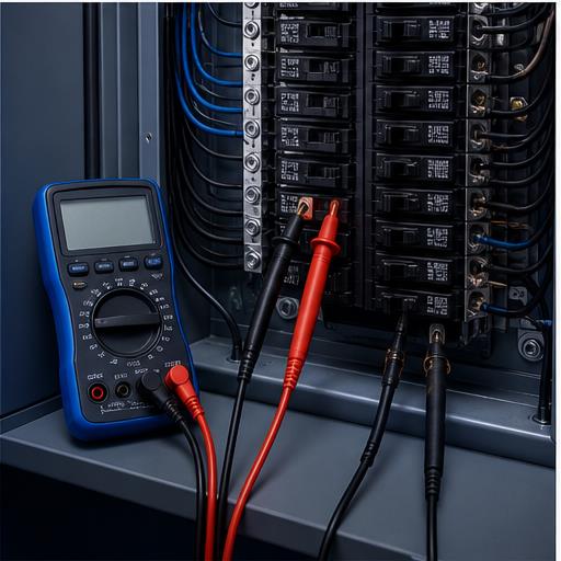 Diagnostic meter and probes beside a breaker panel