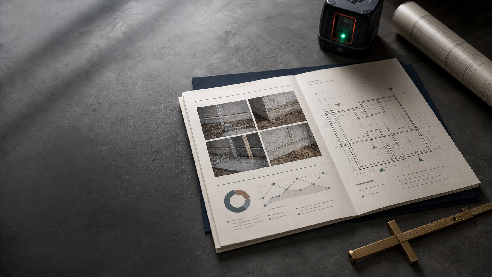Foundation assessment report with inspection photos, elevation plan and measuring instruments