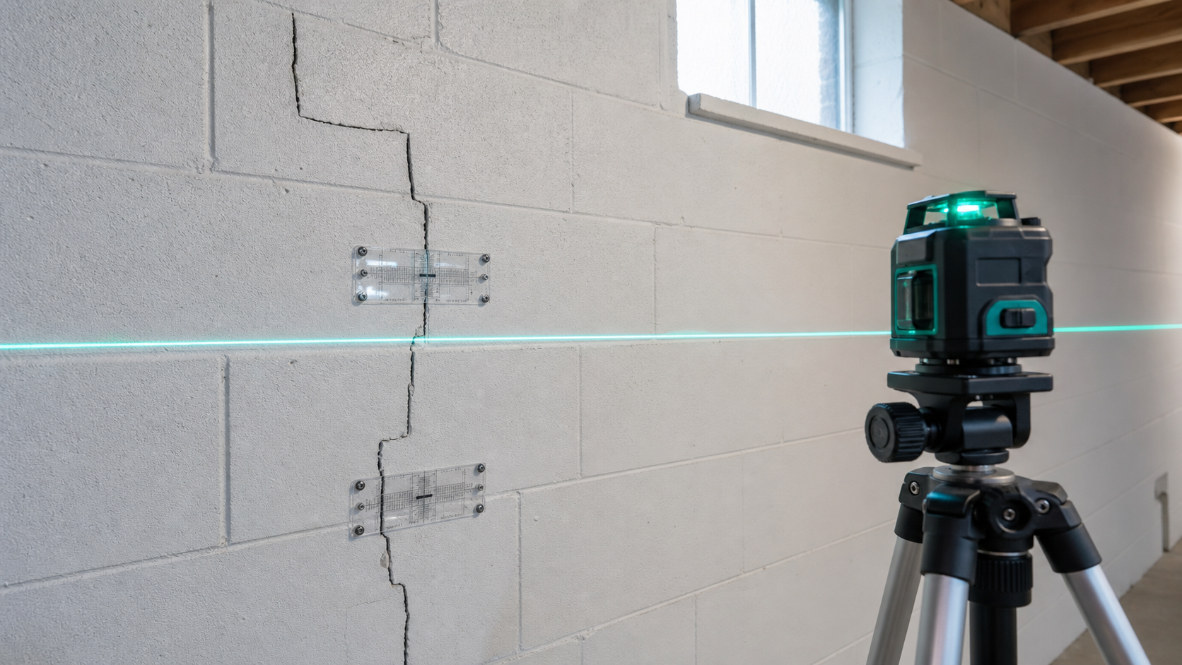 Foundation crack gauges and laser level documenting wall movement