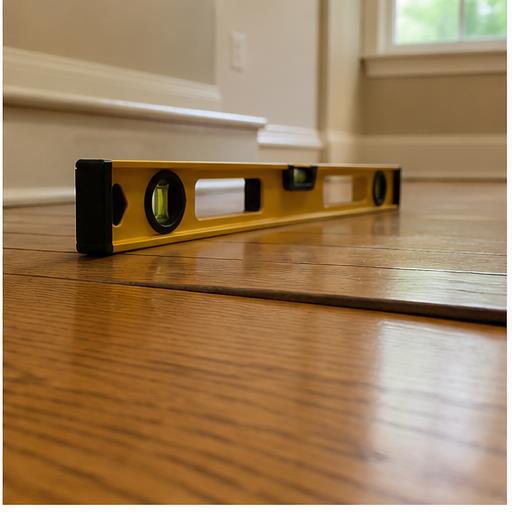 Level showing an uneven hardwood floor
