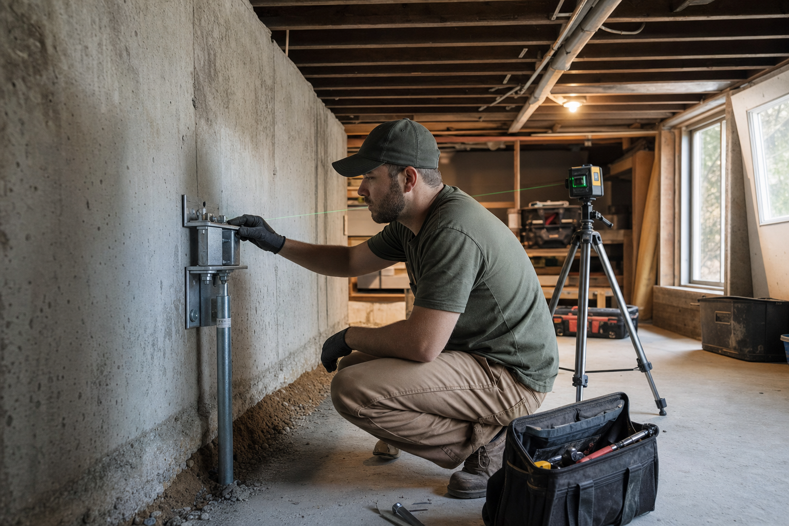 Foundation specialist measuring a stabilization installation
