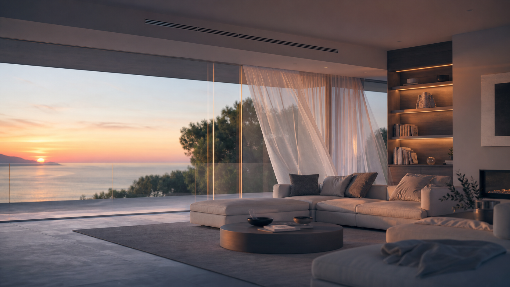 Quiet conditioned air moving through a refined modern living room