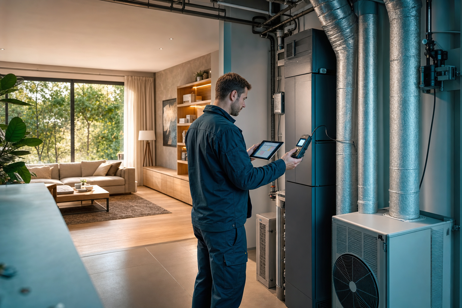 HVAC technician commissioning a modern whole-home comfort system