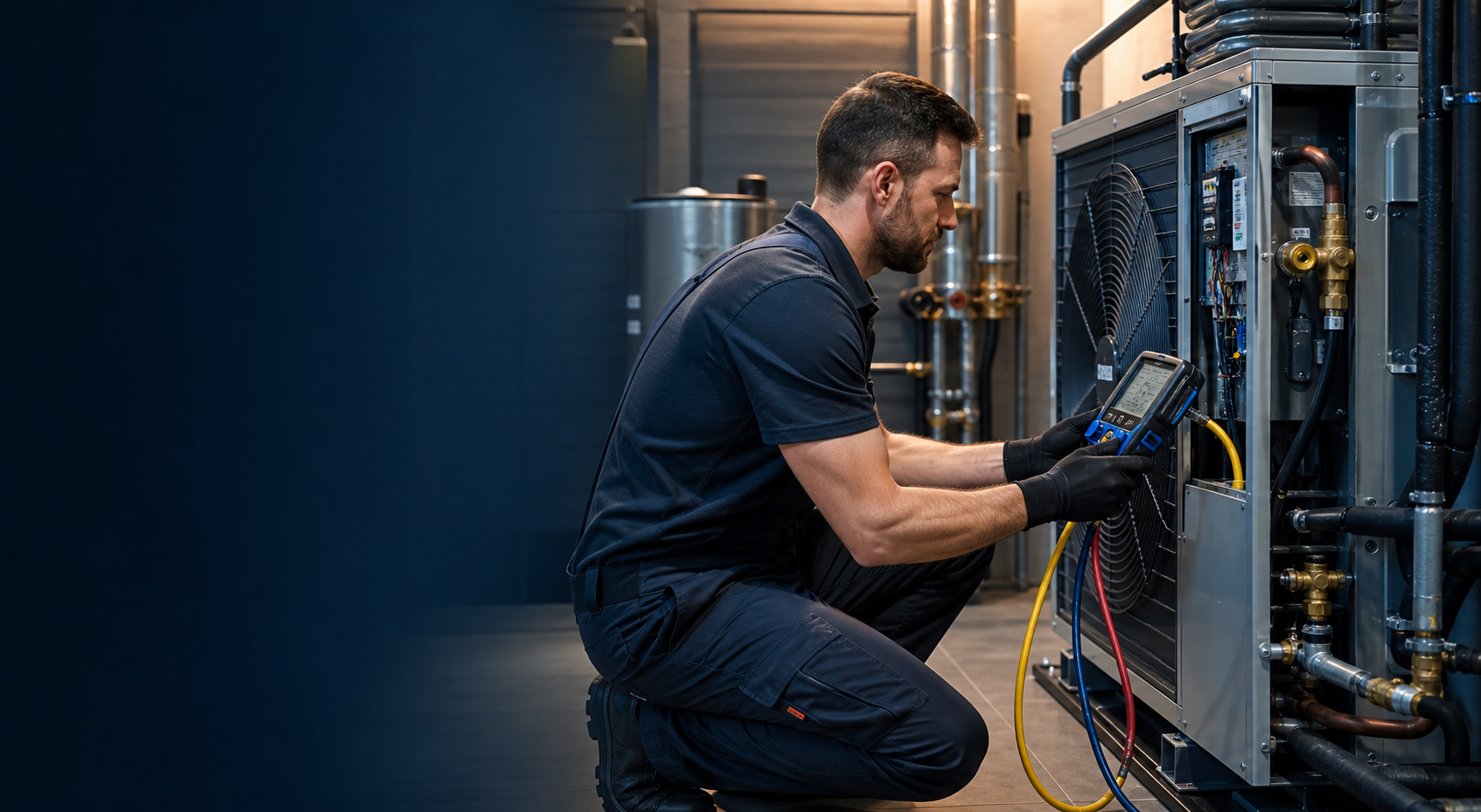 HVAC technician diagnosing a modern heat pump system