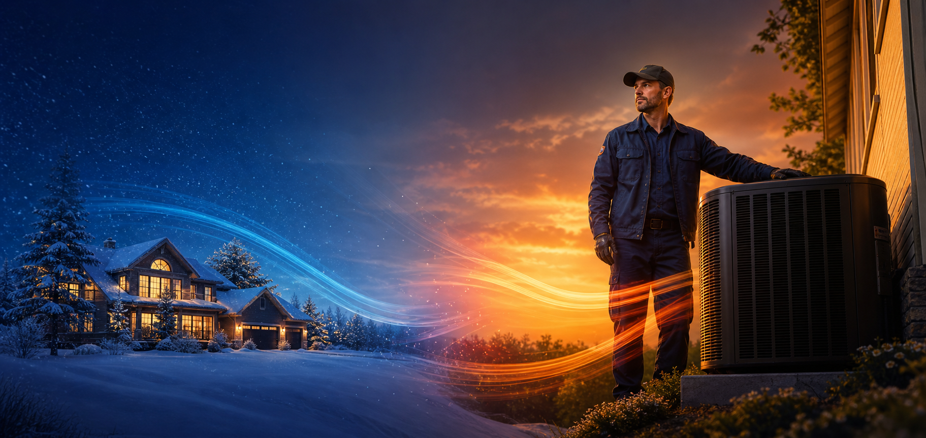 FourSeason HVAC technician beside a condenser in a winter-to-summer scene