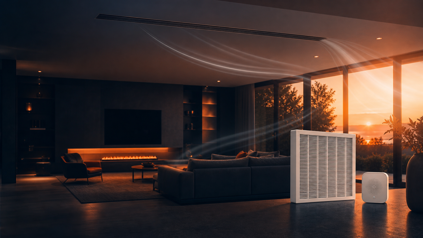 Sunlit interior with visible clean airflow, filtration and humidity sensing