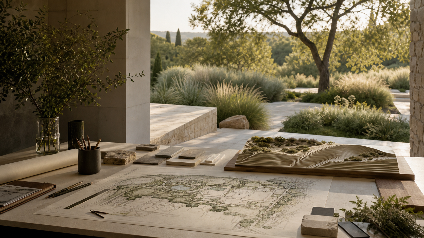 Landscape plan, topographic model and material samples overlooking a finished garden