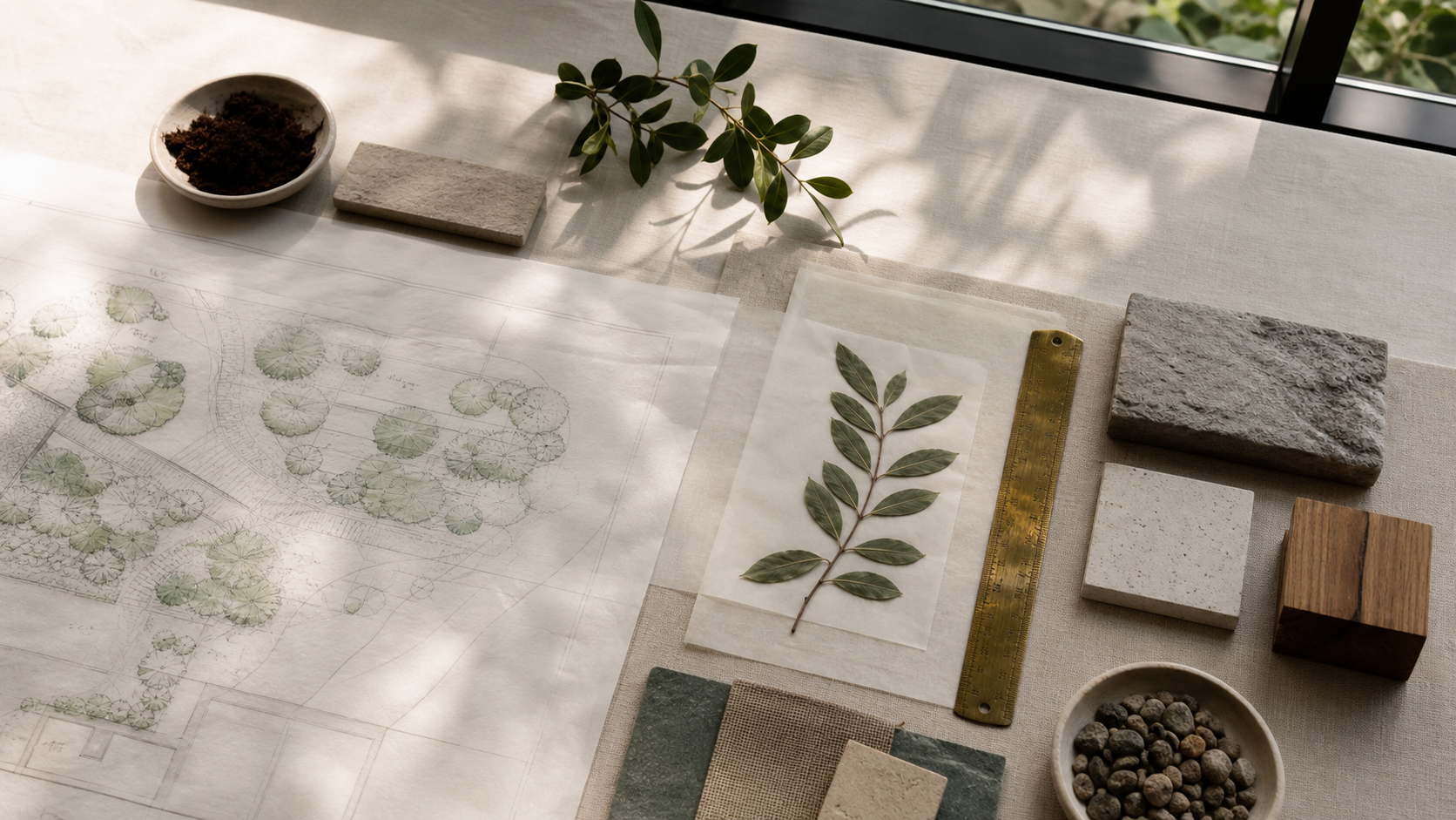 Landscape architecture studio table with planting plan and material samples