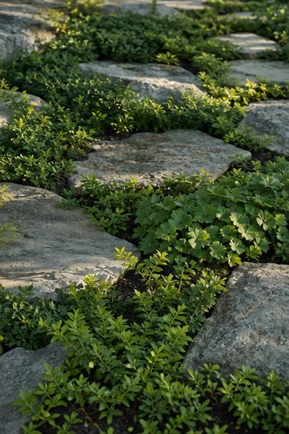 Living groundcovers growing between stone
