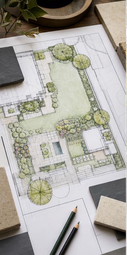 Detailed residential garden design plan and material samples