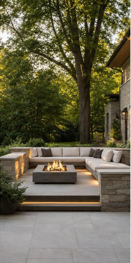 Finished outdoor room with stone terrace and fire feature