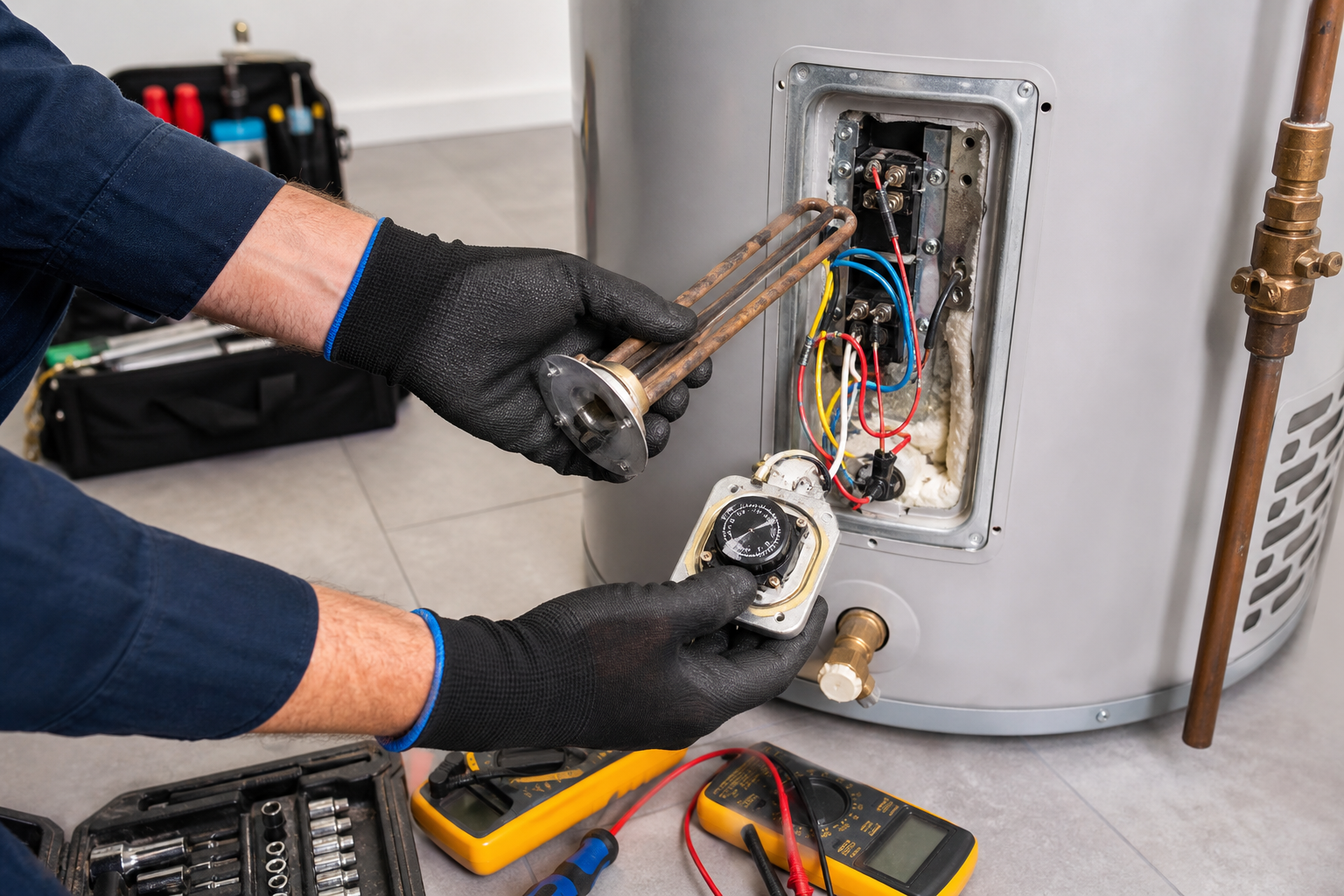 Plumber replacing a water heater component