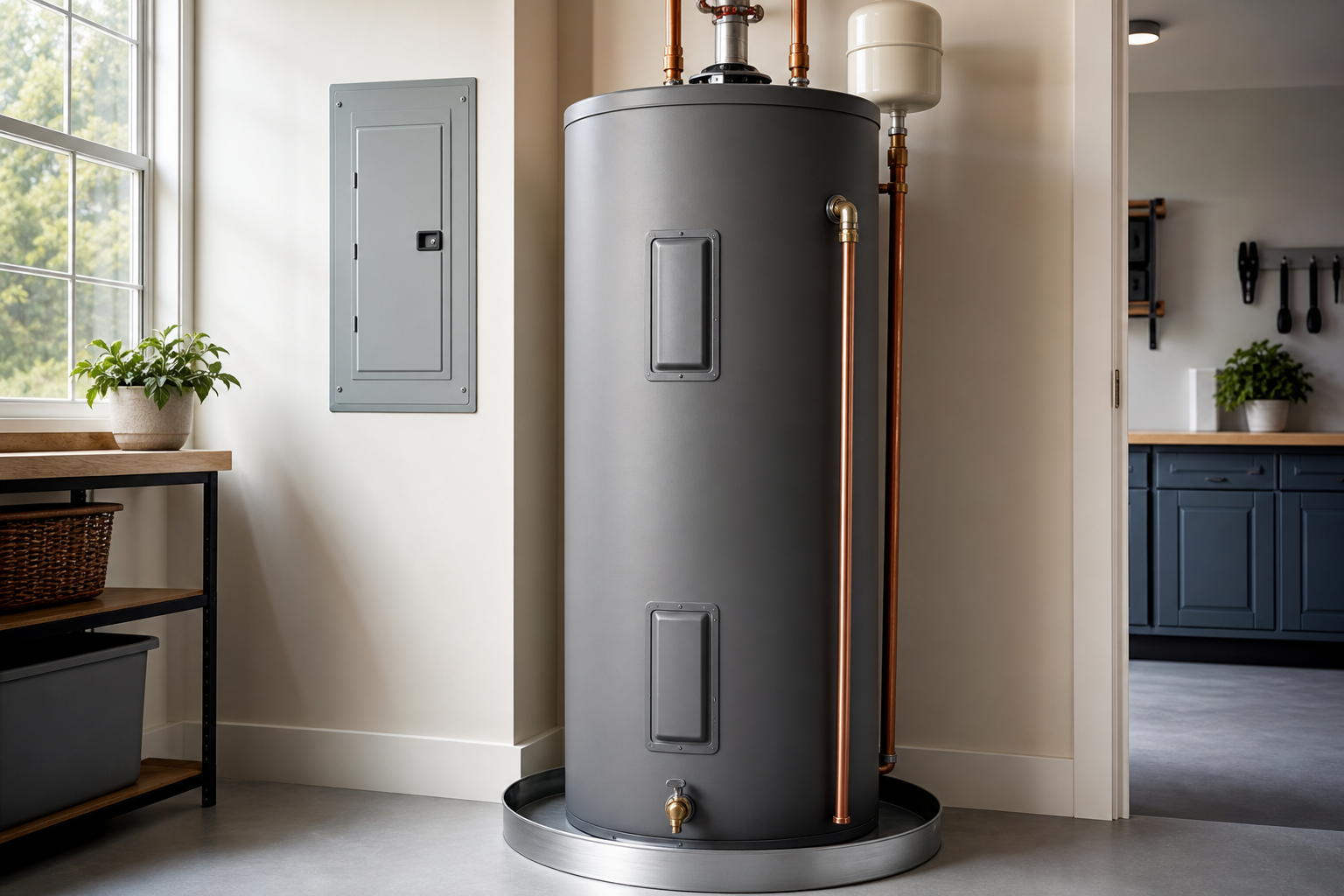 Clean modern storage tank water heater installation