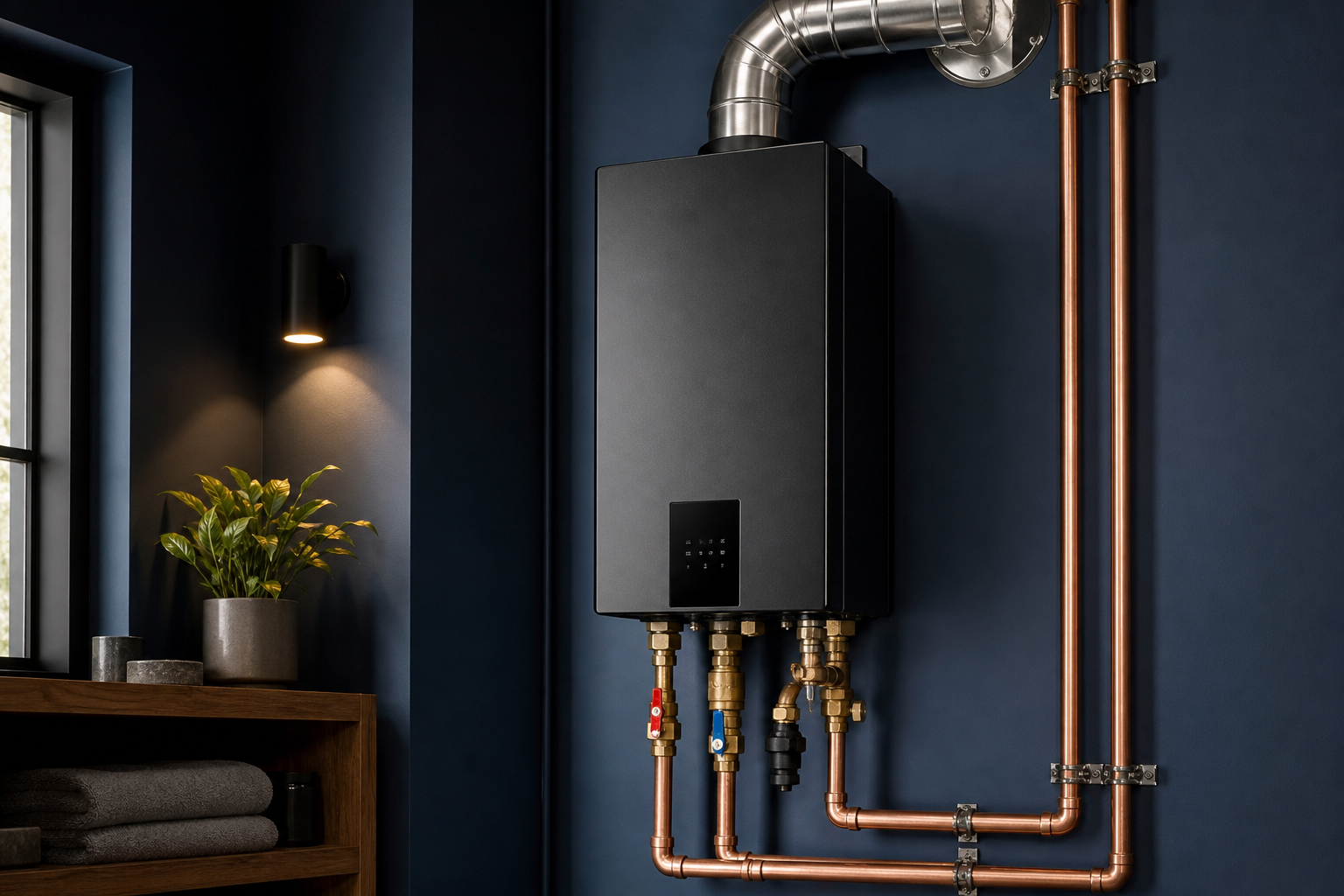 Modern black wall-mounted tankless water heater installation