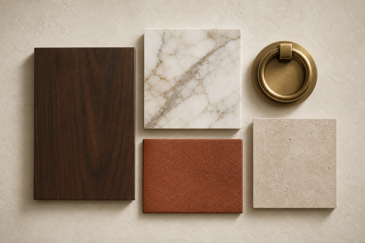 Walnut, marble, brass, terracotta and limestone finish palette