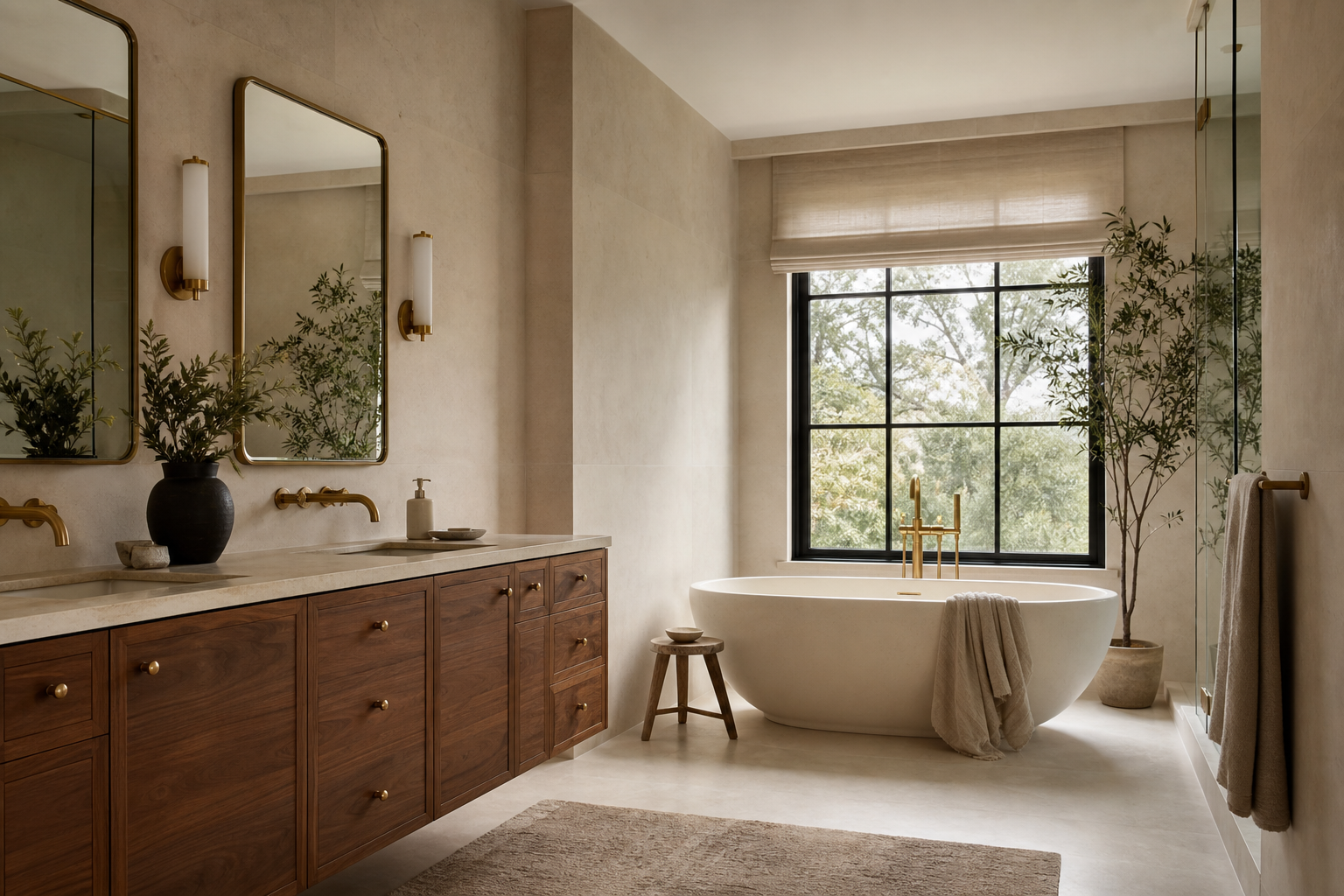 Walnut and limestone primary bathroom