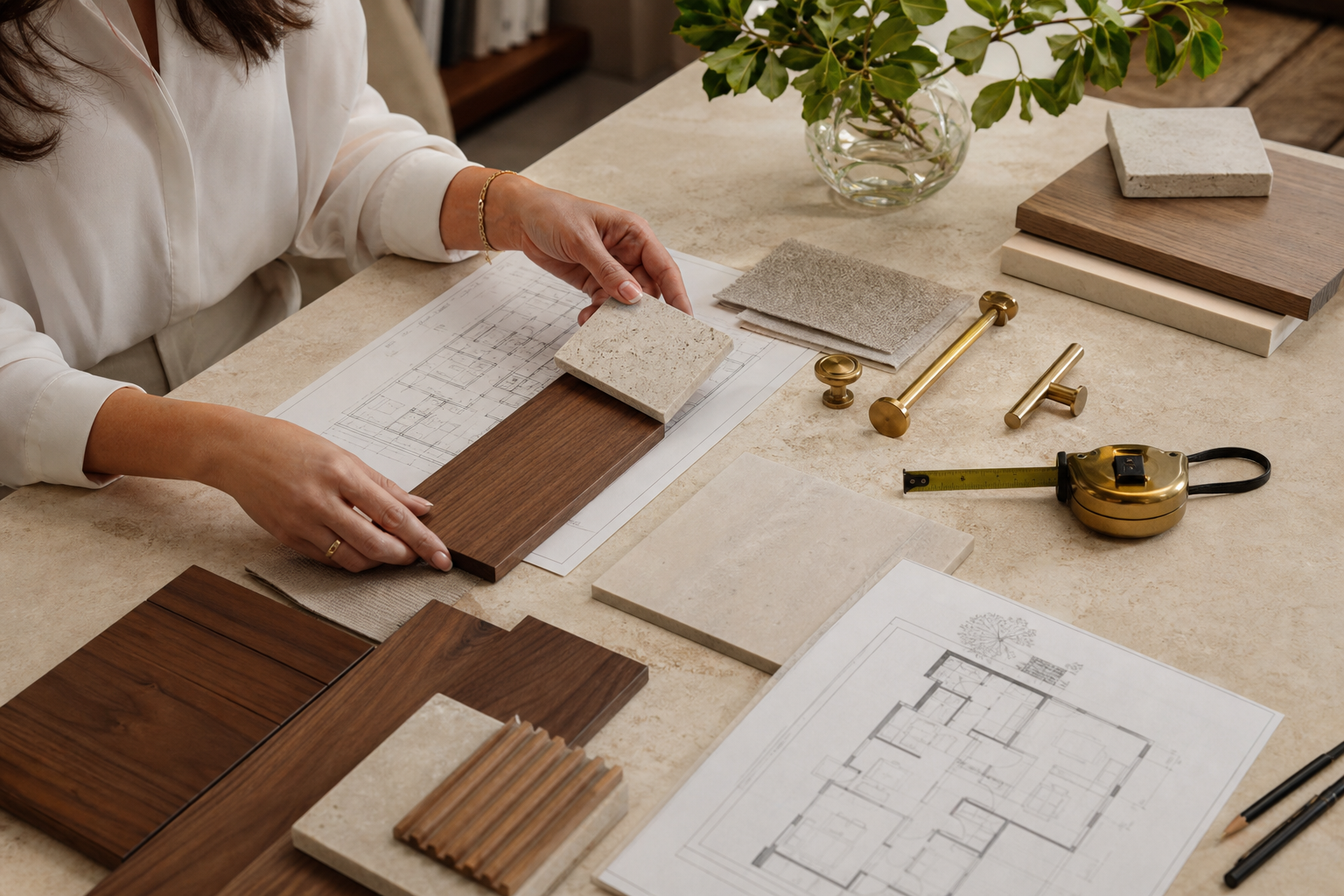 Hearthline remodel design studio with plans and material samples