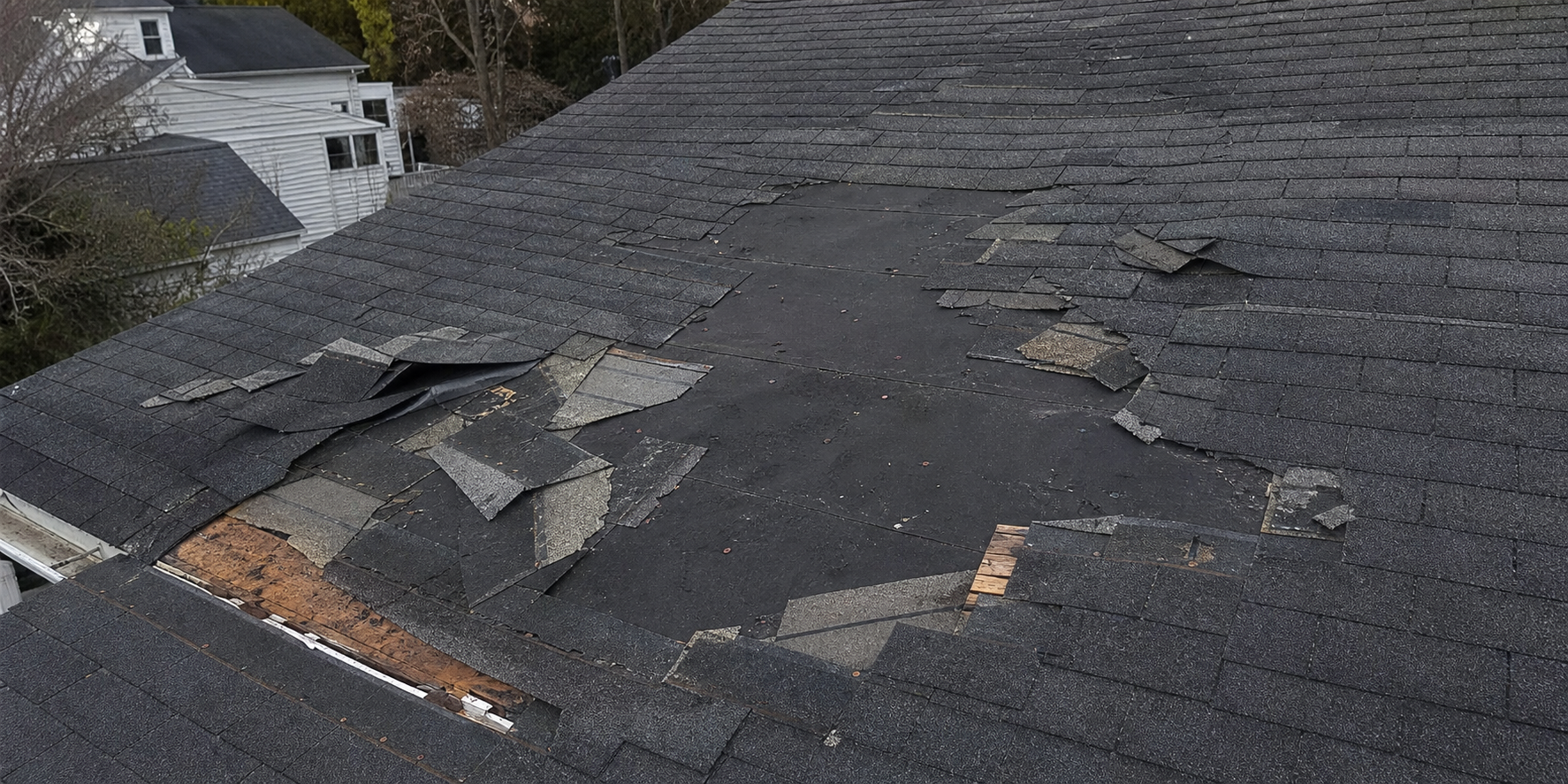 Storm damaged roof before repair