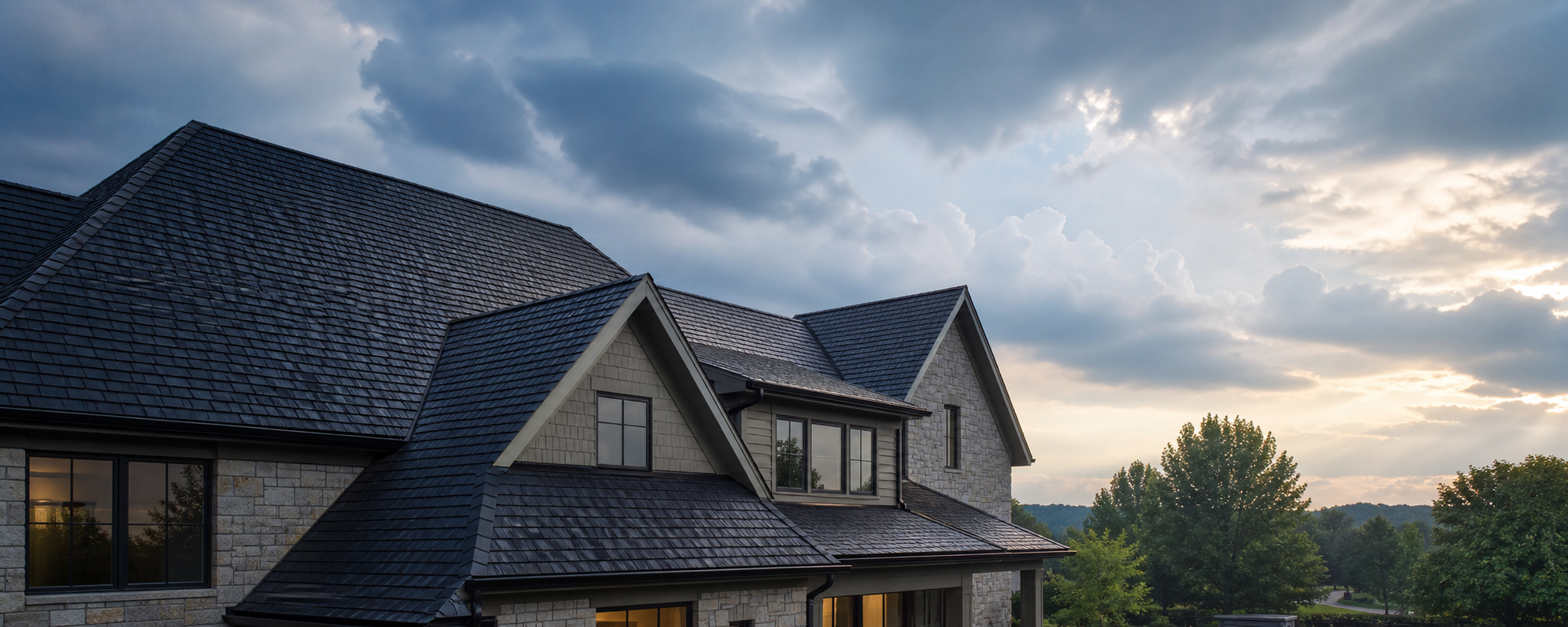 Completed architectural shingle roof beneath a clearing post-storm sky
