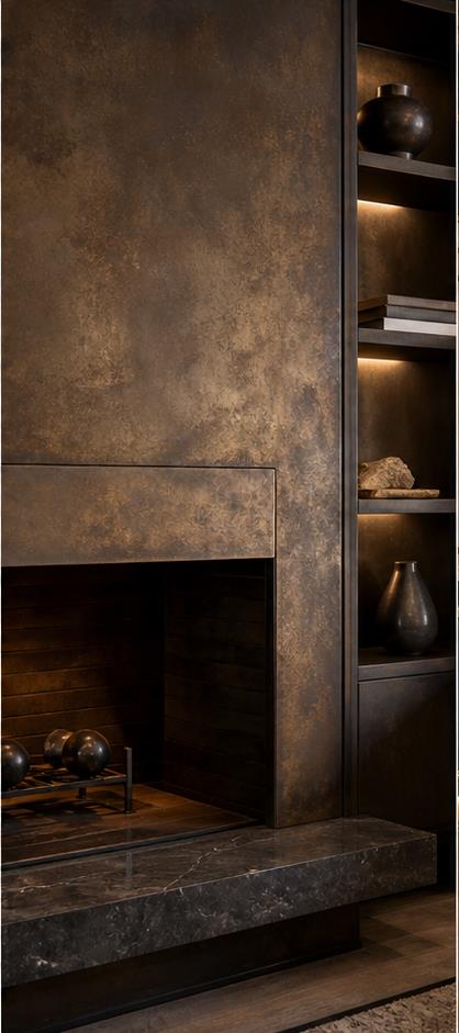 Oxidized bronze fireplace surround and shelving