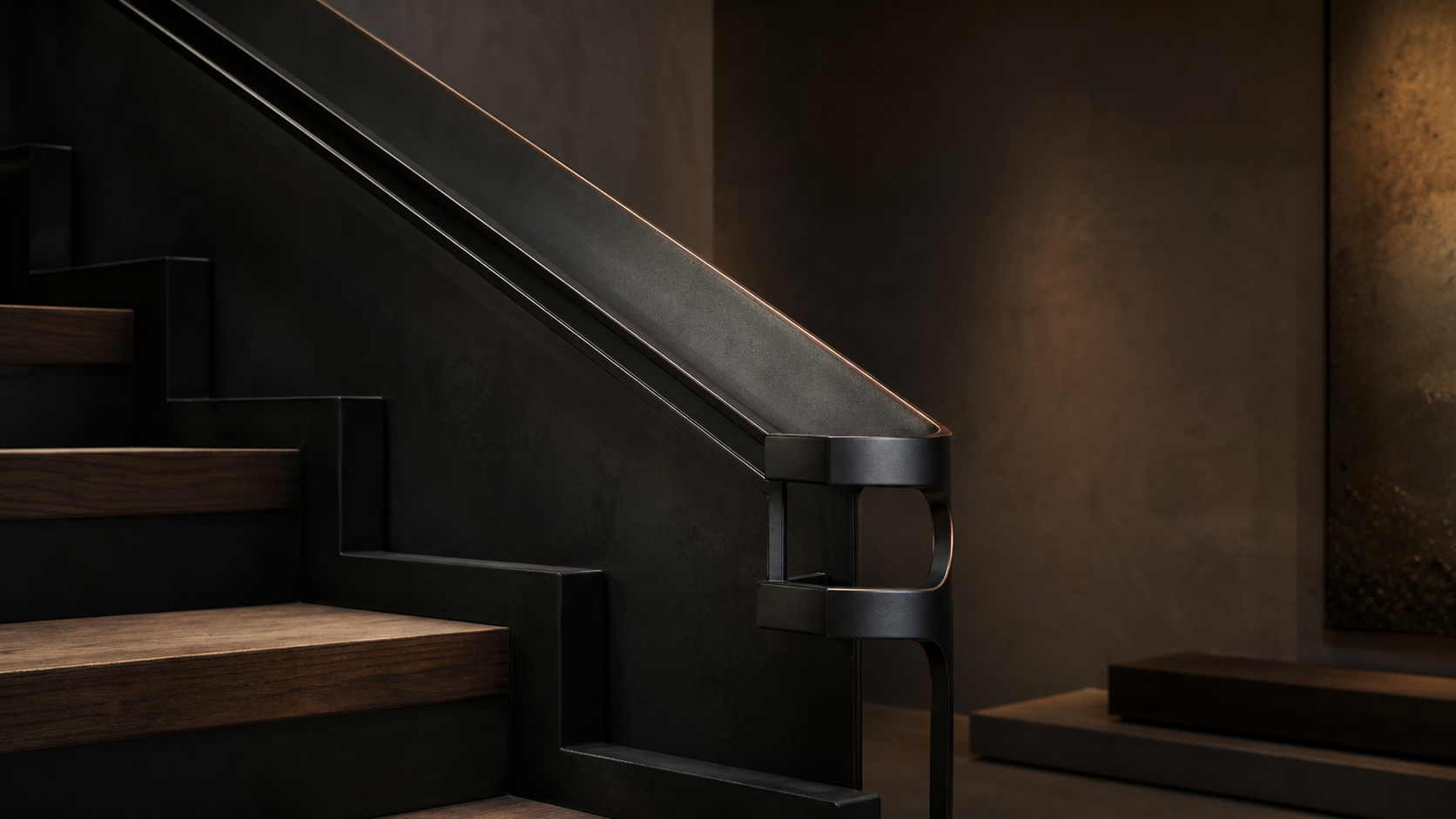 Finished blackened steel stair and handrail detail
