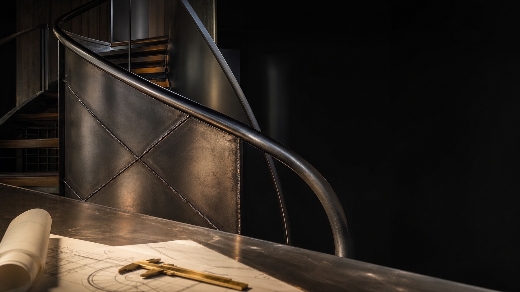 Blackened steel architectural stair, fabrication drawings and precision measuring tools